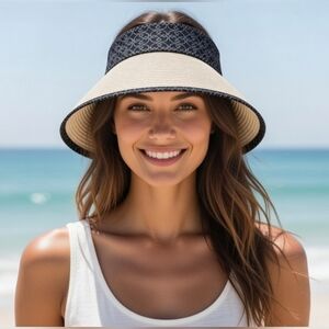 Daisy Fuentes Packable Sun Hat Navy Blue Monogram Print Floppy Wide Brim NWT $38